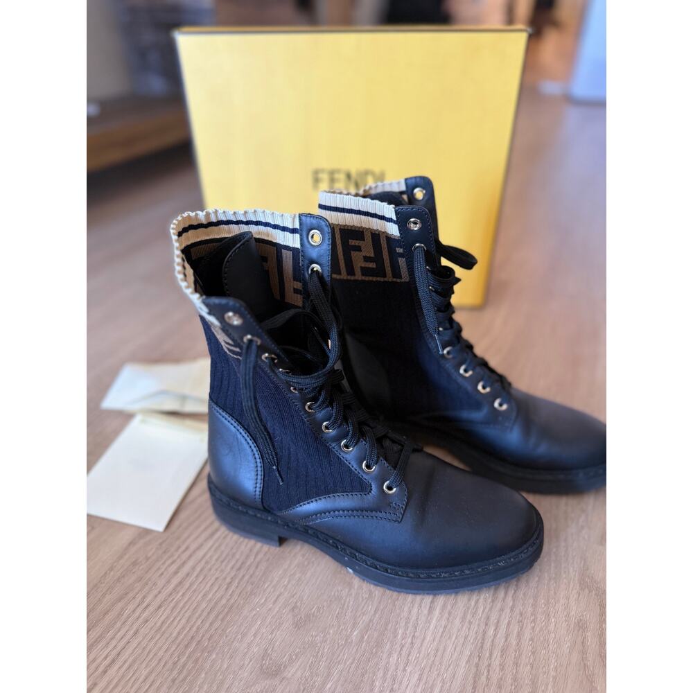 FENDI Rockoko Black Leather Biker Boots with Stretch Fabric